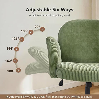 HUANUO Criss Cross Office Chair for Women, Cross Legged Desk Chair with Adjustable Armrests, Soft Corduroy Fabric for Small Spaces, Petite Home Office Computer Chair for Girls, Light Green