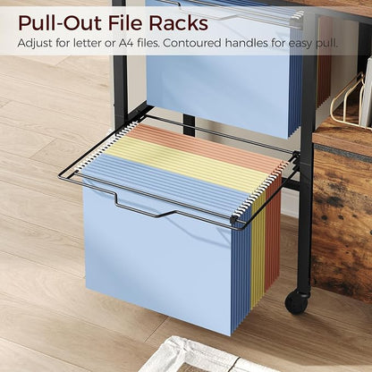 MAHANCRIS Rolling File Cabinet with Printer Stand, Mobile Lateral Filing Cabinet for Home Office, Office Storage Cart with Fabric Drawer & Hanging File Racks, Rustic Brown FCHR6001