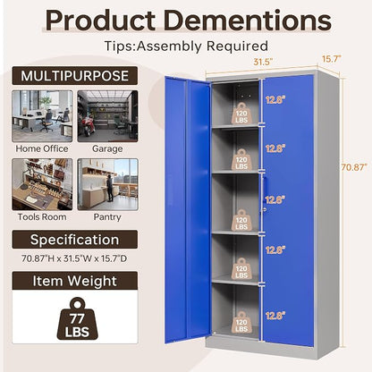 Metal Storage Cabinet with Lock, 71" Black Garage Cabinets with 2 Doors and 4 Adjustable Shelves, Steel Locking Caninet Tall Tool Storage Cabnet, Lockable File Caninets for Home Office, Pantry