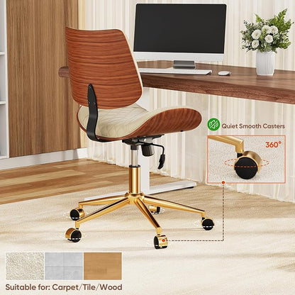 Home Office Desk Chair with Swivel Wheels, Modern PU Leather Armless Office Chair, Small Mid Back Computer Chair for Home Office, Reading Meeting Room (Beige, Gold Wheels)