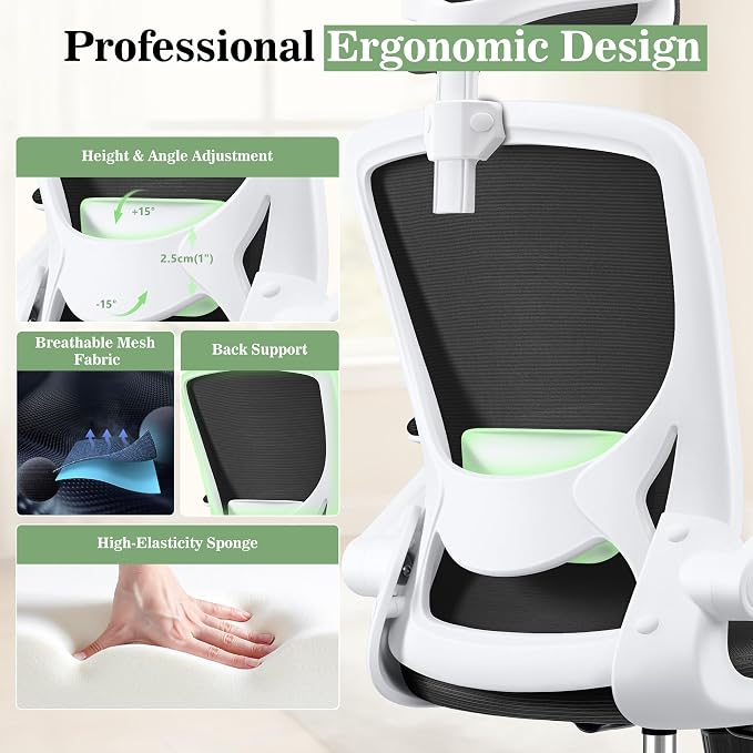 BESTFAIR Office Chair Ergonomic Desk Chair, Breathable Mesh Office Chairs with Adjustable Lumbar Support, Flip-Up Arms, Computer Desk Chair Comfy for Home Office, White