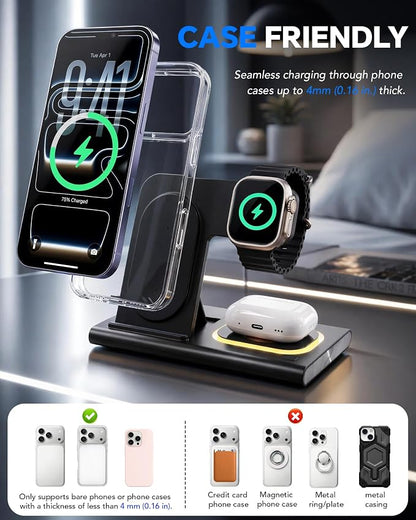 3 in 1 Charging Station for iPhone 17 - Wireless Charger for Apple Devices for iPhone 17 16 15 14 13 12 11 Pro Max - Foldable Wireless Charging Station Dock Stand for Apple Watch Series & AirPods