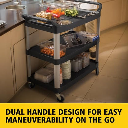 Rubbermaid Commercial Products Heavy Duty 3-Shelf Rolling Service/Utility/Push Cart, 300 lbs. Capacity, Black, for Restaurant/Cleaning/Office use (FG409100BLA)