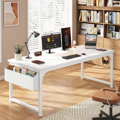 DurayLoly 55 x 24 inch Desk, 24mm Thick Heavy Duty Computer Desk with RGB LED & Power Outlets, Gaming Desk with Detachable Stand, Hooks & Storage Bag, 150LBS Load Capacity, White
