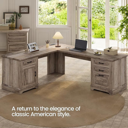 Itaar Farmhouse L Shaped Desk, Executive Computer Desk with Drawers and Storage Cabinet, Home Office Desk with File Drawer and Power Outlet, Corner Desk, Workstation for Office Home, Grey