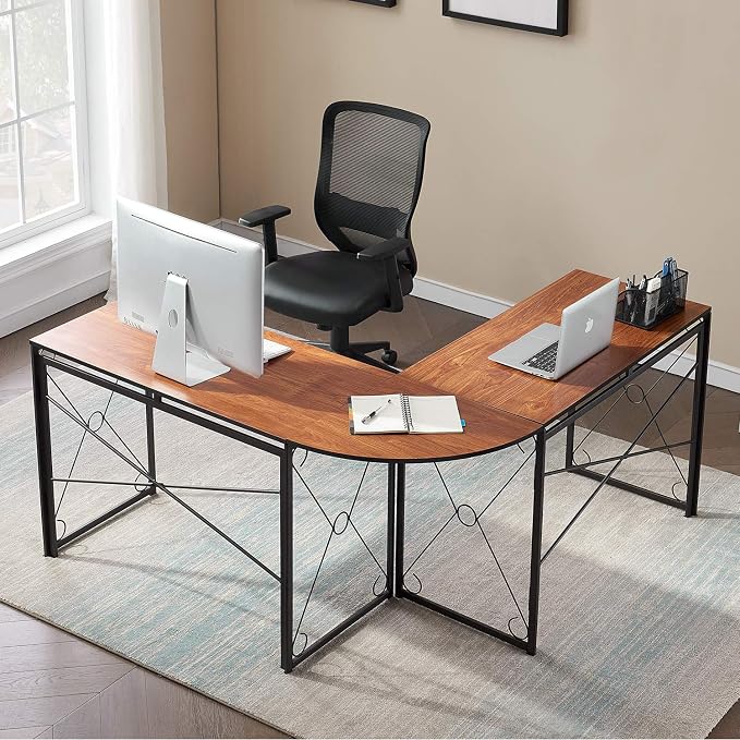 VECELO 59" L Shaped Computer Desk, Corner Computer Desk, Sturdy Home Office Computer Table for Small Space, Writing Desk, Larger Gaming Desk Workstation, Brown