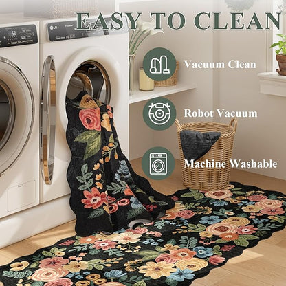 DUKINO 3x6 Washable Runner Rug, Soft Indoor Floral Non Slip Runner Rug for Hallways, Lightweight & Low Pile Floor Carpet for Kitchen, Entryway, Hallway, Bathroom, Laundry, Bedroom, Black
