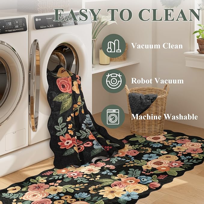 DUKINO 2.6x12 Runner Rug for Hallway, Non Slip Floral Washable Kitchen Rug with Low Pile Design, Boho Stain Resistant Floor Carpet Runner for Entryway, Bathroom, Laundry, Bedroom, Black