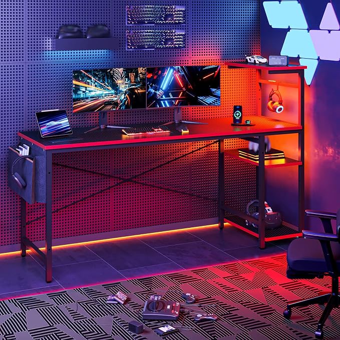 Bestier Gaming Desk with Shelves, 61 Inch Large PC Gaming Table with LED Lights, Led Gamer Desk with 4 Tiers Reversible Storage Shelves for Game & Bedroom Room (Black Grained)