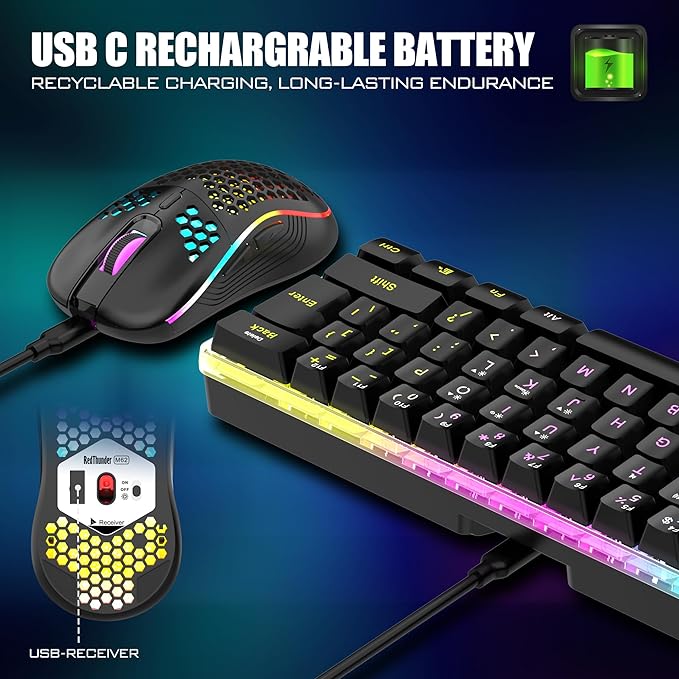 RedThunder 60% Wireless Gaming Keyboard and Mouse Combo, 2500mAh Rechargeable Battery, Ultra-Compact Small RGB Mechanical Feel Keyboard, Lightweight Honeycomb Optical Mouse for Gaming/Business, Black