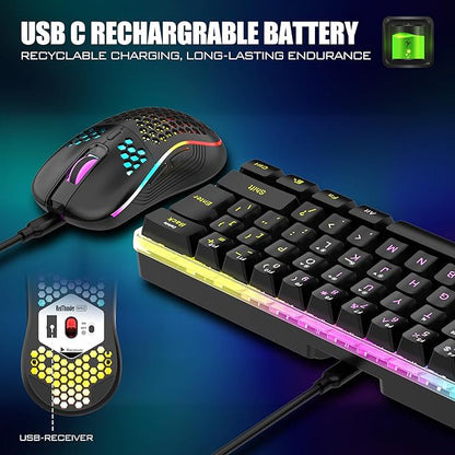 RedThunder 60% Wireless Gaming Keyboard and Mouse Combo, 2500mAh Rechargeable Battery, Ultra-Compact Small RGB Mechanical Feel Keyboard, Lightweight Honeycomb Optical Mouse for Gaming/Business, Black
