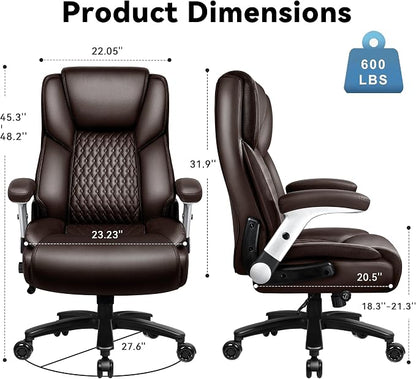 Big and Tall Office Chair 600LBS, Ergonomic Executive Desk Chair with Adjustable Lumbar Support & Flip-up Armrests, High Back Heavy Duty XL Computer Chair for Home Office, PU Leather, Brown