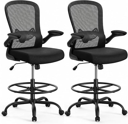 ErGear Drafting Chair, Standing Desk Chair with Flip-Up Armrests, High Desk Chair Adjustable Height, Ergonomic Tall Office Chair with Lumbar Support and Adjustable Footrest Ring,2 Pack