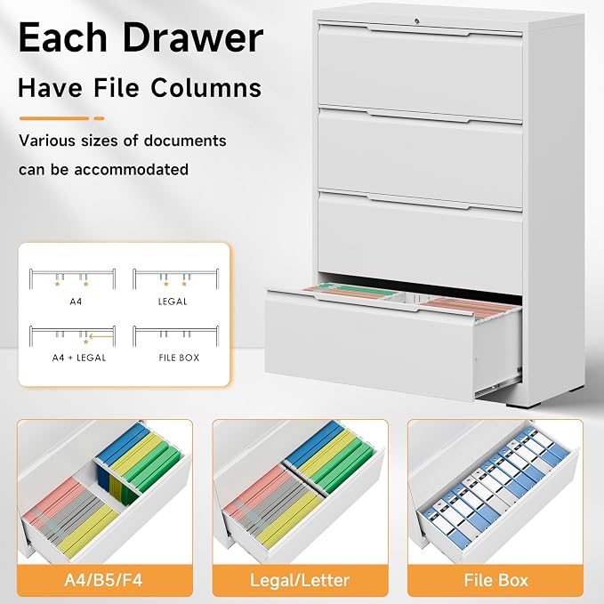 Bestoo 4 Drawer Lateral File Cabinet with Lock Heavy Duty Large Metal Filing Cabinet Home Office Cabinets Wide Steel Cabinets for Legal/Letter Size, White Assembly Required