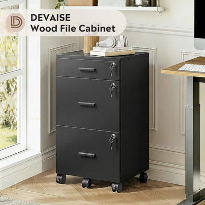 DEVAISE 3 Drawer Mobile File Cabinet with Lock & Wheels, Wood Printer Stand, Filing Cabinets for Home Office, Fits Letter/A4 Size, Black
