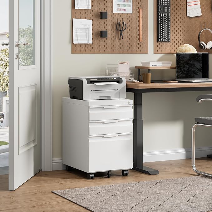 Locking File Cabinet 3 Drawers on Wheels Under Desk, Metal Filing Cabinets for Home Office, A4, Letter-Size Files, Hanging File Folders-White