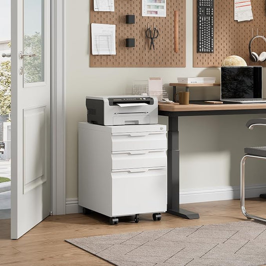 Locking File Cabinet 3 Drawers on Wheels Under Desk, Metal Filing Cabinets for Home Office, A4, Letter-Size Files, Hanging File Folders-White