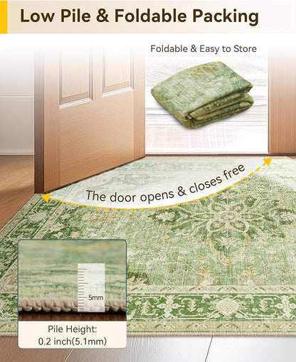 RELEANY Area Rugs Small 2'x4' Washable Non-Slip, Floral Vintage Distress Medallion Carpet for Kitchen Entryway Bathroom, Sage Green Yellow