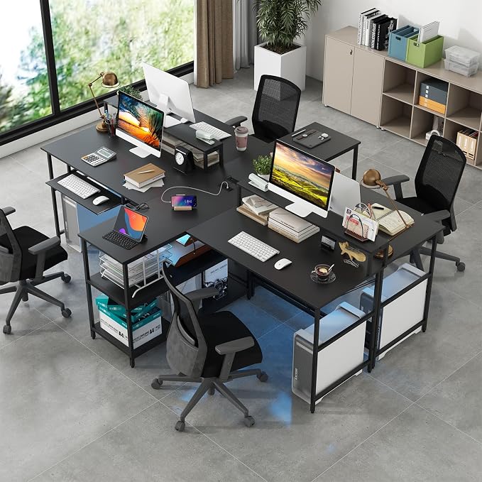 Tangkula 2-Person Reversible Computer Desk with LED Lights, 94.5” Long Office Desk with Power Outlets, Monitor Stand, Keyboard Tray & 2 Storage Shelves, Double Desk for Gaming Working Writing (Black)
