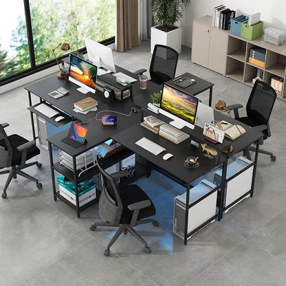 Tangkula 2-Person Reversible Computer Desk with LED Lights, 94.5” Long Office Desk with Power Outlets, Monitor Stand, Keyboard Tray & 2 Storage Shelves, Double Desk for Gaming Working Writing (Black)