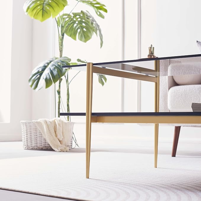 LumFurn Rectangle Coffee Table for Living Room, Mid-Century Modern Design, L41 x W21 x H17, 2-Tier Structure, Clear Glass Top and Black Marble Wood Shelf, Conical Metal Legs with Gold Finish