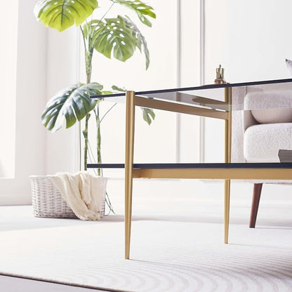 LumFurn Rectangle Coffee Table for Living Room, Mid-Century Modern Design, L41 x W21 x H17, 2-Tier Structure, Clear Glass Top and Black Marble Wood Shelf, Conical Metal Legs with Gold Finish
