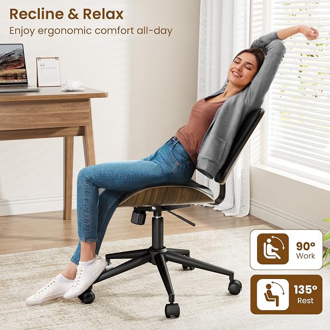 Modern Walnut Armless Office Chair with Wheels - Ergonomic Curved Back Adjustable Swivel Chair for Small Space, Silent Rolling Casters & 330lbs Capacity, Perfect for Home Office/Meeting Room, Black