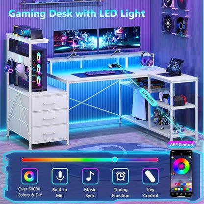 YOMILUVE White Gaming Desk with Drawers & Storage Shelves, L-Shaped Gaming Desk with Power Outlets & LED Light, Reversible Computer Desk with Monitor Stand & Hooks for Home Office