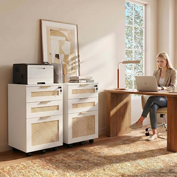HOPUBUY 3 Drawer File Cabinet with Lock, Small Rattan Filing Cabinets with Wheels, Wood Rolling Office Storage for Under Desk Home Office,White