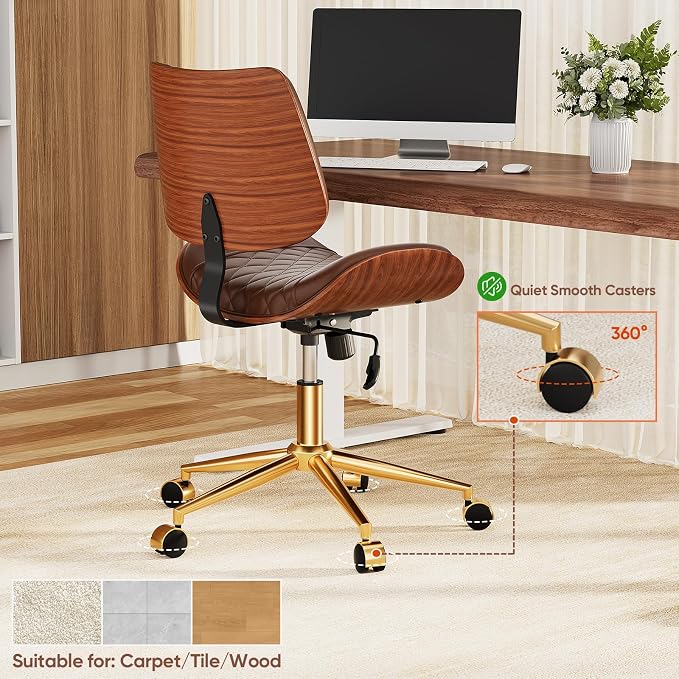 Home Office Desk Chair with Swivel Wheels, Modern PU Leather Armless Office Chair, Small Mid Back Computer Chair for Home Office, Reading Meeting Room (Coffee Brown, Gold Wheels)