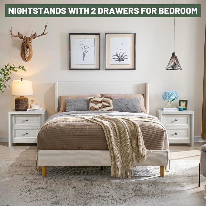 Standifurno White Night Stand with Drawers, Rustic Washed White Nightstand, Farmhouse Bed Side Table for Bedroom, Bedside End Table for Living Room, Bedroom Furniture, Large Storage Wood Nightstand