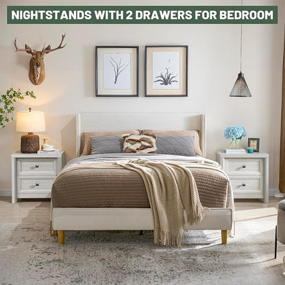Standifurno White Night Stand with Drawers, Rustic Washed White Nightstand, Farmhouse Bed Side Table for Bedroom, Bedside End Table for Living Room, Bedroom Furniture, Large Storage Wood Nightstand