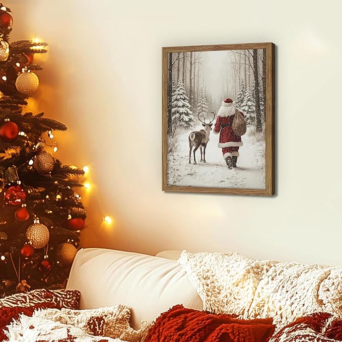 Framed Christmas Pictures Wall Decor, Santa Reindeer Winter Wall Art, Rustic Canvas Christmas Print, Winter Holidays Decor, Vintage Christmas Decorations Painting for Bedroom Living Room – 12x16in