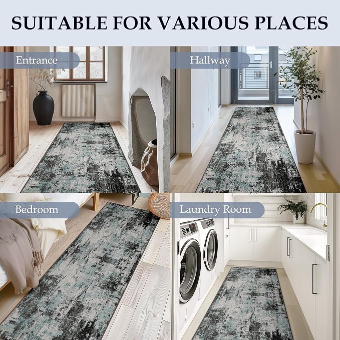 RELEANY Washable Area Rugs 2'x8' Non-Slip Modern Abstract Soft for Living Room Entryway Bedroom Kitchen, Print Pattern, Blue Black Teal
