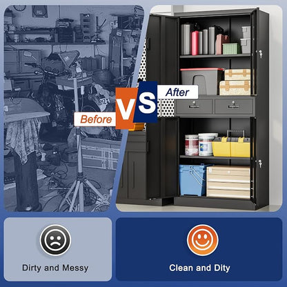 BESFUR Metal Garage Storage Cabinet with Two Drawers Locking Doors and 2 Adjustable Shelves, Black Tall Storage Cabinets, Tool File Lockable Cabinet for Garage Office Warehouse Shop(71”H)