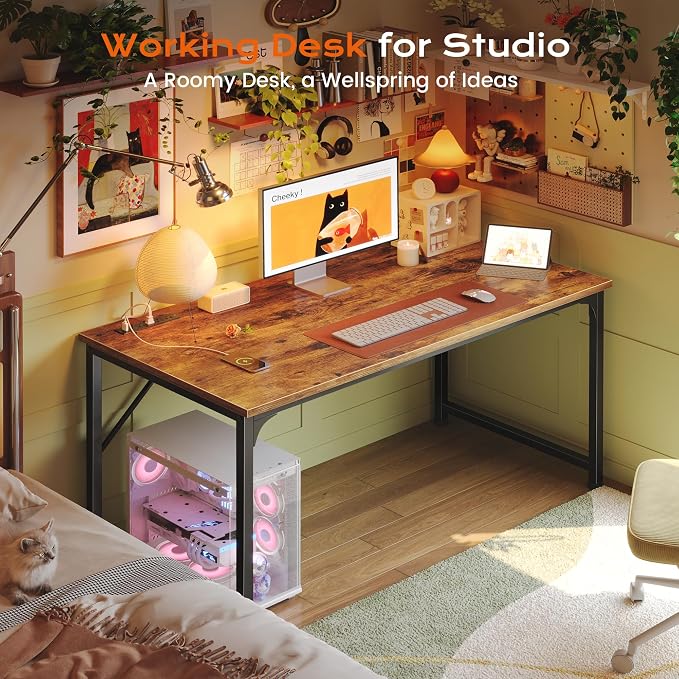 PRAISUN 47 X 24 Inch Computer Desk with Power Outlets & USB-C Port, Office Desk with Deeper Desktop, Study, Bedroom, Writing Work from Home Table, Metal Frame, Rustic Brown