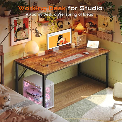PRAISUN 47 X 24 Inch Computer Desk with Power Outlets & USB-C Port, Office Desk with Deeper Desktop, Study, Bedroom, Writing Work from Home Table, Metal Frame, Rustic Brown