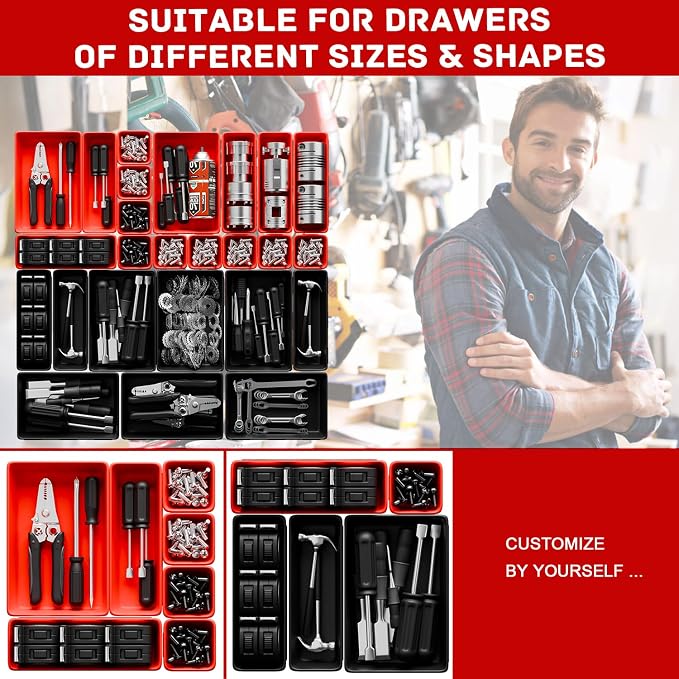 Toolbox Organizer Trays, Tool Chest Drawer Organizer with Non-Slip EVA Pads – 47pcs Red and Black Interlocking Trays for Workbench, Rolling Tool Cart, Garage