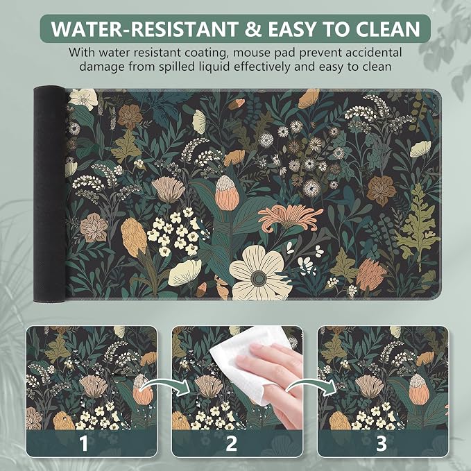 iCasso Desk Mat, XXL Large Mouse Pad for Desktop, Cute Pad With Stitched Edges, Anti-Slip Big Mousepad, Keyboard Mat for Computer, Work, Gaming (Weeds)