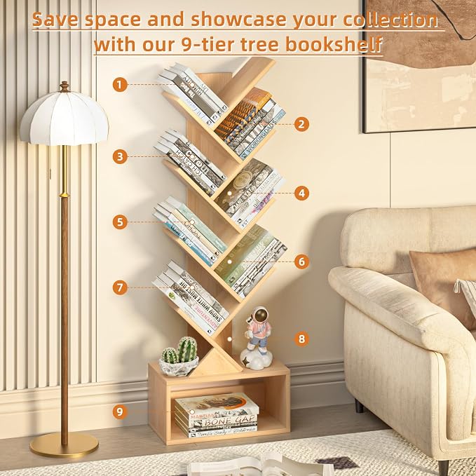 SHEEPAM 9 Tier Tree Bookshelf,Christmas Green Bookcase for Narrow Space, Storage Organizer Floor Standing Bookshelves for Books, Tall Book Case for Home Office, Living Room, Bedroom