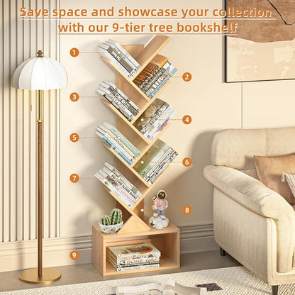 SHEEPAM 9 Tier Tree Bookshelf,Christmas Green Bookcase for Narrow Space, Storage Organizer Floor Standing Bookshelves for Books, Tall Book Case for Home Office, Living Room, Bedroom