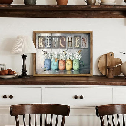 Framed Vintage Kitchen Canvas Wall Art, Retro Letter Signs with Colorful Jars, Florals and Birds Prints, Rustic Farmhouse Wood Grain Poster, Cottagecore Wall Decor for Kitchen Dining Room, 12x16in