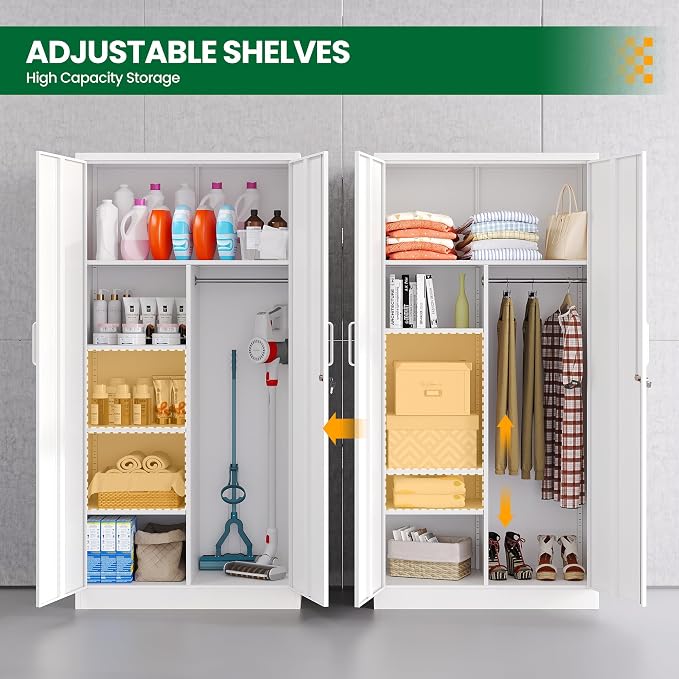72" H Metal Garage Storage Cabinets, Lockable Broom Closet Cabinet with Hanging Rod & Doors, 5-Tier Steel Utility Cabinets for Garage, Laundry Room, Warehouse Storage, White