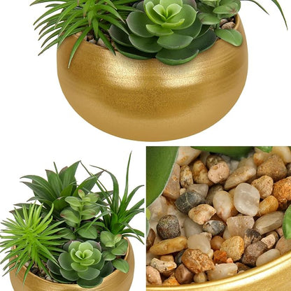 Hollyone Fake Plants Artificial Succulents in Pots Faux Succulent Arrangement Potted Plant in Gold Ceramic Planter Bowl for Home Decor Office Desk Bathroom Shelf Living Room Indoor Decorations