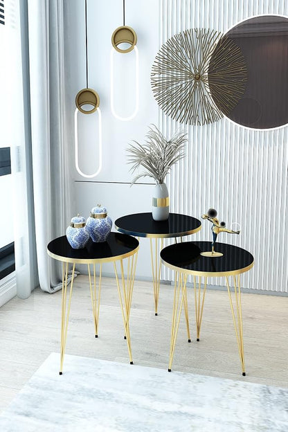 Set of 3 High Gloss Black Gold Legs Nesting End Tables Round Wood Stacking Coffee Side Accent Table with Metal Legs for Living Room, Home Office, Nightstands for Bedroom