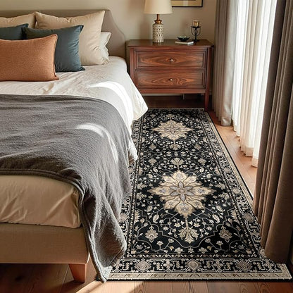 RELEANY Area Rugs Runner 3'x7' Washable Non-Slip, Floral Vintage Distress Medallion Carpet for Kitchen Hallway Bedroom Beside Laundry Room Bathroom, Black Brown Neutral Dark Tan