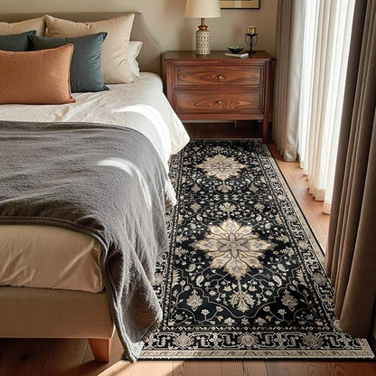 RELEANY Area Rugs Runner 3'x6' Washable Non-Slip, Floral Vintage Distress Medallion Carpet for Kitchen Hallway Bedroom Beside Laundry Room Bathroom, Black Brown Neutral Dark Tan