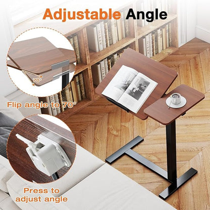 Simple Deluxe Standing Rolling Desk with Hidden Casters, Height Adjustable Pneumatic Mobile Laptop Desk, Tilting Bedside Table for Laptop, Overbed Bedside Table Hospital Home Use, Brown