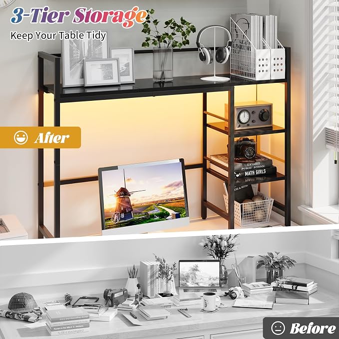 HavenlyYouth Desk Shelf with LED Light Strip, 3-Tier Storage Desktop Organizer Shelf, 38.6" Wood Desktop Bookshelf for Computer Monitor, Desk Hutch for Home Office Dorm, Black