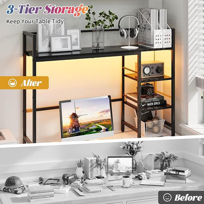 HavenlyYouth Desk Shelf with LED Light Strip, 3-Tier Storage Desktop Organizer Shelf, 38.6" Wood Desktop Bookshelf for Computer Monitor, Desk Hutch for Home Office Dorm, Black